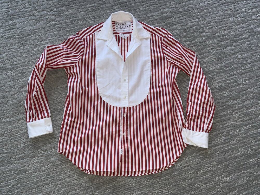 Frank & Eileen Frank Button Up Womens Small White Red Pinstripe Cotton Shirt